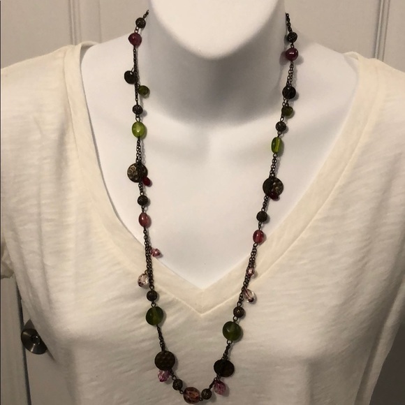 New Copper Green and Pink Bead Hammered Necklace - Picture 3 of 8